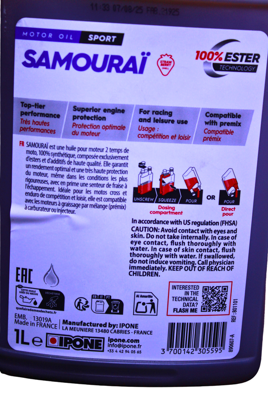 Ipone Samurai Racing 2T — Aceite de motor 100% sintético para moto 2 tiempos (aroma fresa)