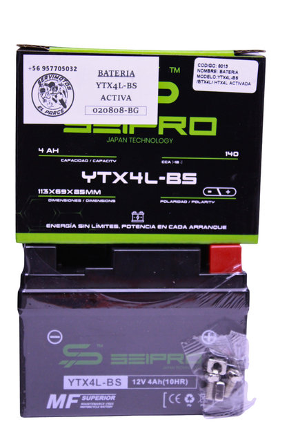 Batería Seipro YTX4L-BS — Batería sellada sin mantenimiento para moto